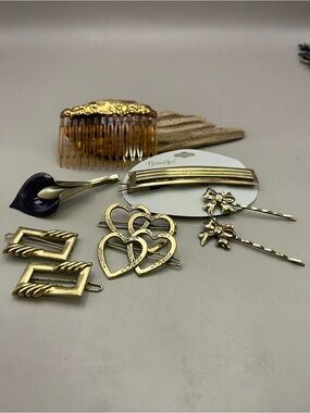 Vintage 80s 90s Gold Hair Accessories Lot 9pc Side Comb Barrettes Bobby Pins